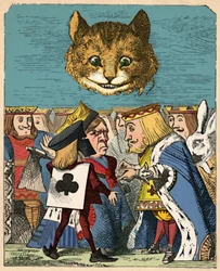 Cheshire Cat ser ned på den røde kongen og dronningen som kranglet, 1889