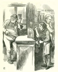 The Honest Pot Boy: Reform of Parliament - utvidelse av franchisen. Disraeli serverer reform til John Bull, sett av hans parlamentariske opposisjon. Han introduserte og bar reformforslaget sitt. Tenniel tegneserie fra Punch, London