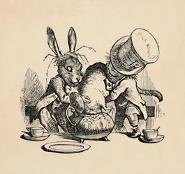 Den gale hattemakeren og marsharen prøver å sette Dormusen i en tekanne, 1889