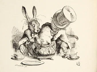 Den gale hattemakeren og Marchharen putter Sovesmusen i tekannen, fra «Alice i Eventyrland» av Lewis Carroll (1832-98), utgitt 1891