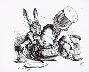 Den gale hattemakeren og Marsharen putter Syvsoveren i tekannen, illustrasjon fra «Alice i Eventyrland» av Lewis Carroll, 1865