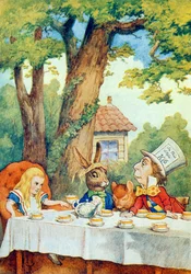 Den gale hattemakerens teselskap, illustrasjon fra «Alice i Eventyrland» av Lewis Carroll (1832-9)