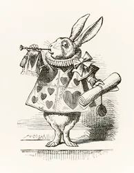 Den hvite kaninen med trompet og skriftrull som kunngjør anklagen, fra «Alice i Eventyrland» av Lewis Carroll, først utgitt i 1865