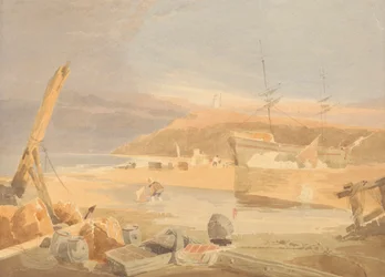 Strandscene med seilskip ved kaien