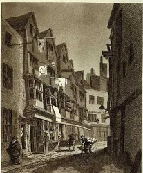 "View of the Southern Extremity of Thieving Lane (fra sene år kalt Bow Street)...", tegnet 1807, gravert av W.M. Fellows, pub. 1807 (gravering)