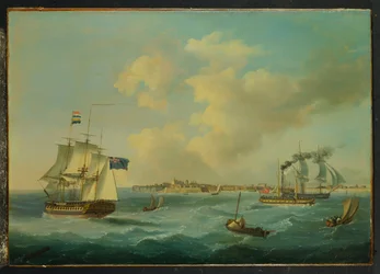 En fregatt med 44 kanoner, en passasjer-dampbåt og annen frakt utenfor St.Peter Port, Guernsey, 1825