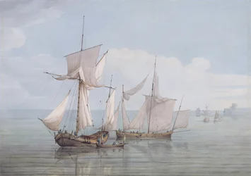 A Hoy and a Lugger med annen frakt på et rolig hav (wc, penn og svart blekk på vevd papir)