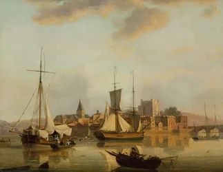 En utsikt over Rochester med frakt (olje på panel)