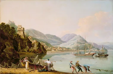 En italiensk havn med en genovesisk Chebec ved anker