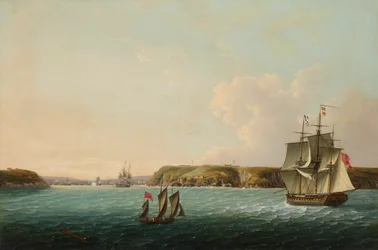 Kysten og innseilingen til Brest, med HMS Boadicea som signaliserer til en repeterende fregatt om antallet franske og spanske skip som ligger for anker i havnen.