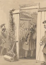 Hogarth er ute av sin tid tegner sin ledsagers figur på døren til et bestemt sted, til stor beundring for alle hans venner