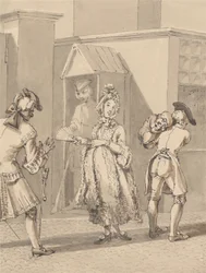 Hogarth bærer sitt mesters syke barn rundt Leicester Fields. The Spot of Ground Leicester House.