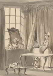 Hogarth har laget frokost og sender opp en kopp til sin kone samtidig som han beordrer den lille hunden til å bli innlagt i hennes elskerinnes sengekammer