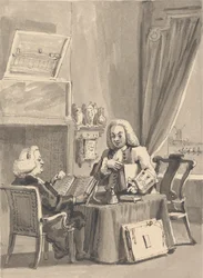 Hogarth ber sin skytsbiskop Hoadley se over MS hans. 'Skjønnhetsanalyse'