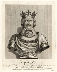 Kong James I av England tatt fra en bronsebyste over inngangen til bankettrommet i Whitehall