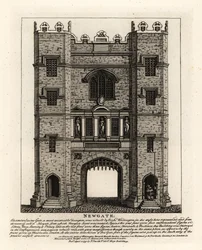 Newgate, gjenoppbygd i 1672 etter brannen i London, med tre figurer Justice, Fortitude and Prudence fra den tidligere porten bygget av Londons borgermester Richard Wittington