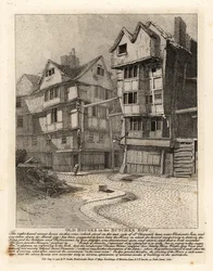 Gamle hus i Butcher Row, London. Hjørnehuset til høyre i St Clement