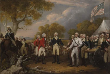 Slaget ved Saratoga: den britiske generalen John Burgoyne overgir seg til den amerikanske generalen Horatio Gates, 17. oktober 1777, ca. 1822-32