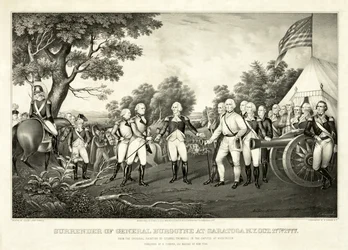 Overgivelse av general Burgoyne i Saratoga, N.Y., 17. oktober 1777, pub. N. Currier