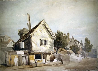 En gate med gamle hus, en vindmølle bortenfor (akvarell på papir)