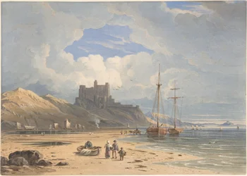 Bamborough Castle fra nordøst, med Holy Island i det fjerne, Northumberland