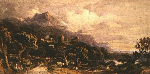 Landskap med slott og fjell (akvarell)