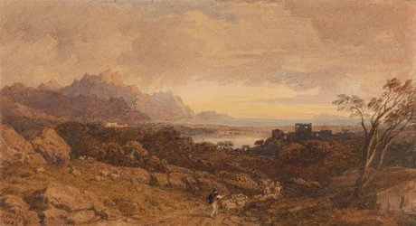 Romantisk landskap med fjerne fjell