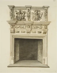 Skorsteinsstykke i tidligere bolig til Sir John Knight, Temple Street (blyant og akvarell på papir)