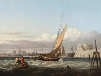 En verftslekter som svinger inn i Portsmouth havn (olje på panel)