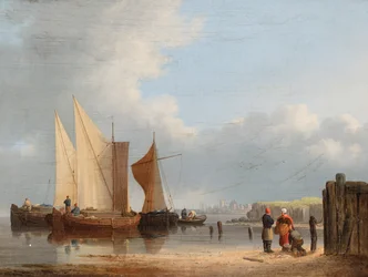Nederlandske båter i et rolig miljø (olje på panel)
