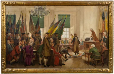 Fangede flagg fra Yorktown lagt ved foten av kongressen