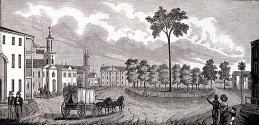 Central Part of Pittsfield, Massachusetts, fra Historical Collections of Massachusetts, av John Warner Barber, gravert av S. E. Brown, 1839