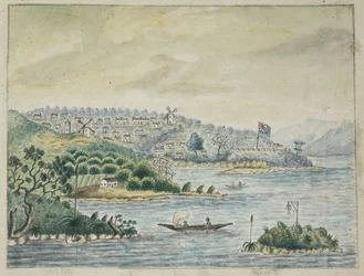 Legge til. 13880, f.79 Utsikt over en britisk koloni. I forgrunnen, innfødte i en kano, fra en Journal holdt om bord på Minerva-transporten, fra Irland til New South Wales og Bengal, av John Washington Price