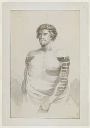 (Hele tegningen) Portrett av en sjef i Borabora, [Puni?]; en skjeggete mann med armer tungt tatovert med flate rektangulære flekker, og en stor lapp på venstre side. desember 1777