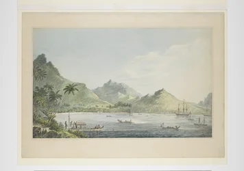 16: A View of Huaheine, fra en serie akvareller som illustrerer Captain Cooks siste reise, ca. 1773-84 (akvarell på papir)
