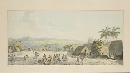 19: An Inland View, on Atooi, fra en serie akvareller som illustrerer Captain Cooks siste reise, ca. 1773-84