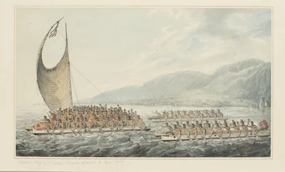 35: Tereoboo, King of Owyhee, bringer gaver til Captain Cook, fra en serie akvareller som illustrerer Captain Cooks siste reise, ca. 1773-84 (akvarell på papir)