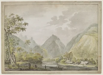 En utsikt som ser oppover Vaitepiha-elven med to tahitianere i en kano i forgrunnen, og to andre på bredden. Tahitiske hus til høyre. august 1777