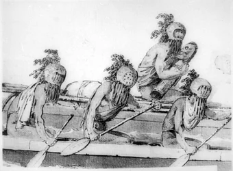 Dobbel kano med roere, Hawaii, 1700-tallet