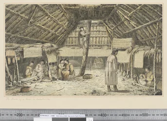 F.34 Innsiden av et hus i Oonalashka, ca. 1773-84 (akvarell)