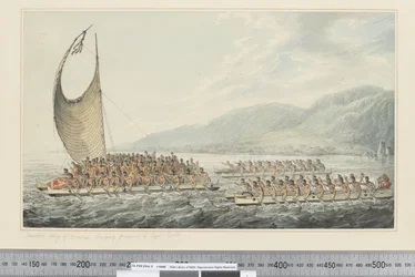 F.35 Tereoboo, konge av Owyhee, bringer gaver til Capt. Cook, ca. 1773-84 (akvarell)