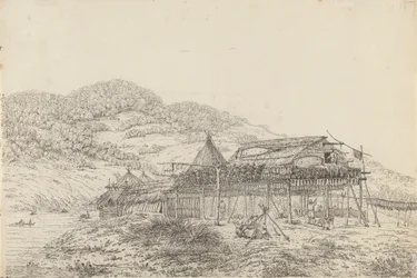 The Balagans eller Summer Habitations, med metoden for tørking av fisk, ved St. Peter og Paul, Kamtschatka