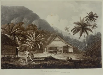 Utsikt over øya Cracatoa, fra «Utsikt over Sørhavet», utgitt 1789 (etsing)