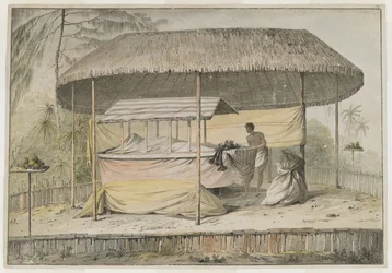 Waheiadooa, sjef for Oheitepeha, liggende i staten, registrert av kaptein Cook under hans besøk til Tahiti 19. august 1777. En begravelsesscene støtter det innhyllede liket og en ledsager. De er skjermet av en markise med gresstak, og er omgitt av en lav p