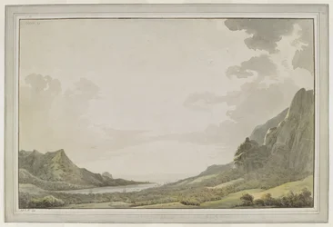 [Hele tegningen]. Utsikt fra Aimeo havn [Papetoai-bukten] mot havet; mastene på «Resolution» og «Discovery» er synlige i bukten. Kaptein Cook besøkte Moorea i oktober 1777