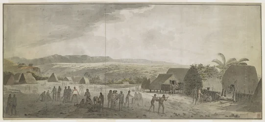 [Hele tegningen] Tegning av kaptein Cooks besøk i landsbyen Waimea, Atooi [Kauai], januar 1778. Noen menn ruller tønner, andre bytter med hawaiianere. På høyre side, to innfødte som bærer en gris spent til en stang. Bak dem, innfødte hytter, og s