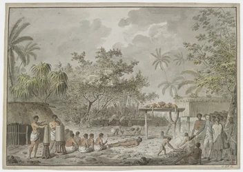 [Hele tegningen] Menneskeofring ved den store morai ved Attahouroo [Utuaimahurau], Tahiti, bevitnet av kaptein Cook 1. september 1777. En bundet figur i forgrunnen, med menn som graver et hull for kroppen bak, og det som inneholder to hunder og thr