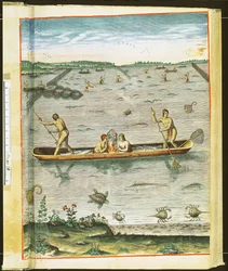 Hvordan indianerne fanger fisken sin, fra «Admiranda Narratio...», gravert av Theodore de Bry (1528-98) 1590
