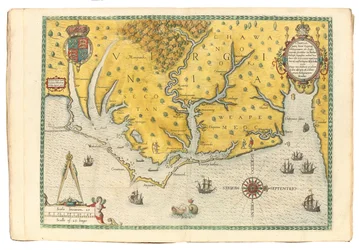 Kart over Virginia som viser ankomsten til Sir Walter Raleighs ekspedisjon i 1585, 1590