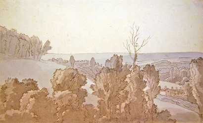 A View at Bridewell (penn og blekk og blå og grå vask på papir)